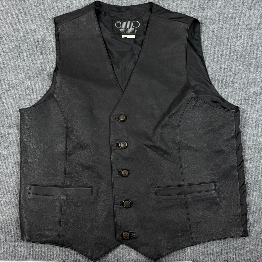 Antonio Giovanni Mens Large Black Leather Motorcycle Vest Vintage 90s Y2K Biker